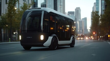 Obraz premium Autonomous Electric Shuttle Bus Driving on City Street at Dusk
