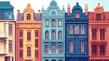Fototapeta premium Linear 2D cartoon style illustration of architectural buildings with a 3D touch
