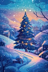 Naklejka premium Festive illustration featuring a winter landscape and a Christmas tree adorned with sparkling lights for the holiday season