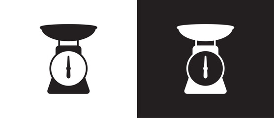 Object weighing icon. Scales icon flat. Shapes of scales for fruit, vegetables and cooking necessities in the form of vector illustrations on a black and white background. Eps10