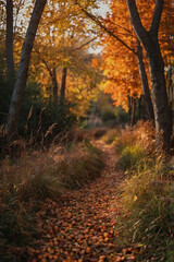 beautiful natural background of autumn forest with yellow orange and brown leaves on trees