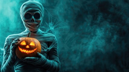 Mummy before a foggy dark teal colored background. The mummy holding a halloween pumpkin