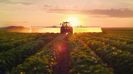 Fototapeta premium Tractor Spraying Crops in a Field at Sunset, Generative AI