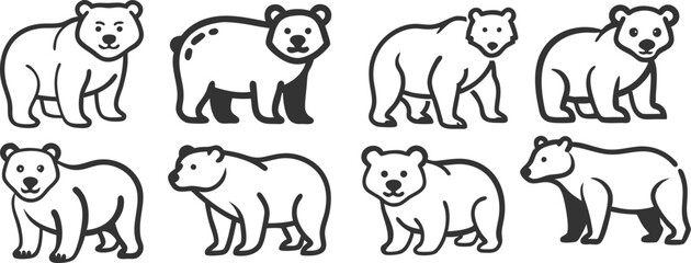 A series of black and white bears are standing in a row