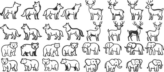A collection of animals in a row, including bears, deer, and wolves