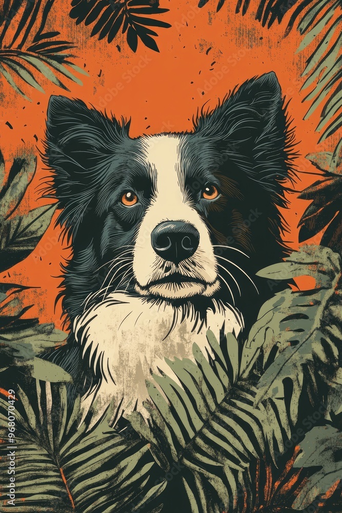 Poster Border Collie Dog Surrounded by Leaves Coloring Book Illustration