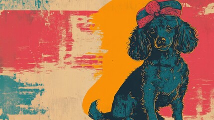 Playful illustration of a whimsical poodle with a festive hat sitting and gazing sideways against a simple backdrop