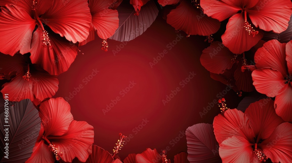 Poster round frame featuring red hibiscus elements designed as a festive greeting card background with spac