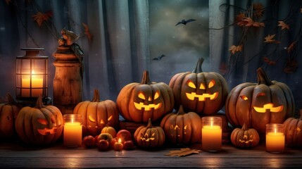 Halloween Jack-O'-Lanterns Glowing on a Window Sill