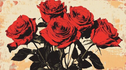 Coloring book illustration of a bouquet of beautiful red roses featuring vibrant classic red tones Perfect for a romantic theme