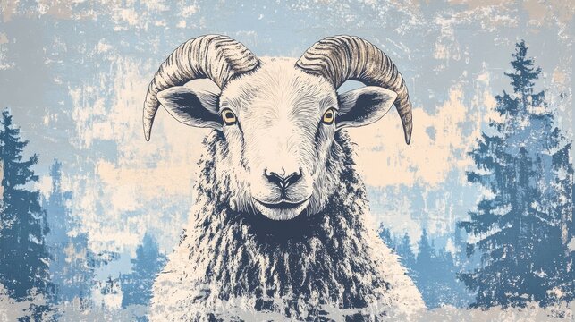 Close up portrait of a Hortobagy Racka sheep in a winter landscape