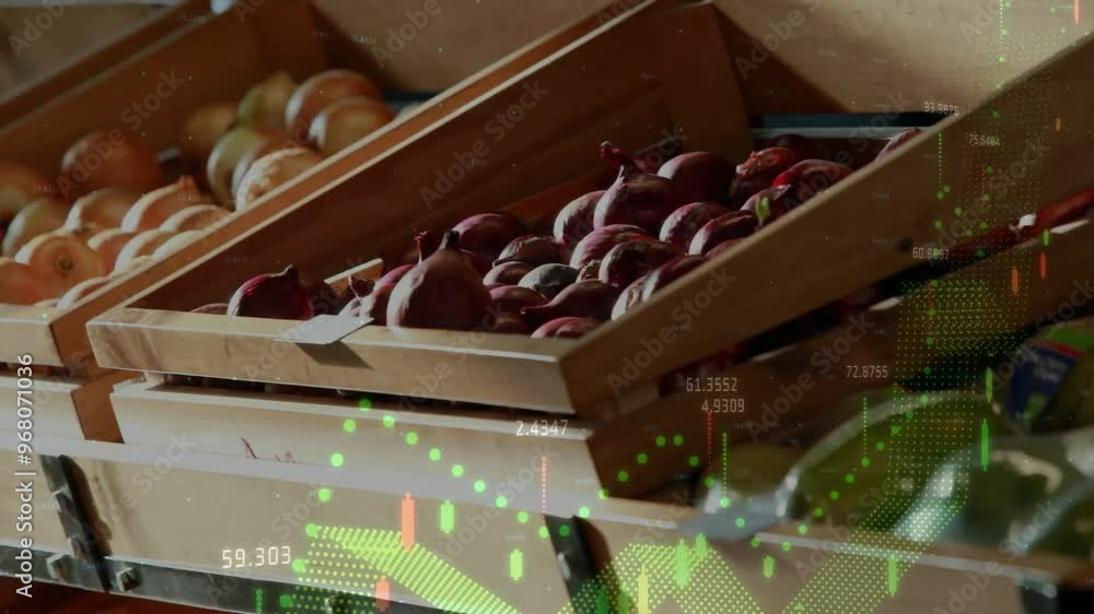 Aufkleber animation of financial data processing over boxes with vegetables in shop
