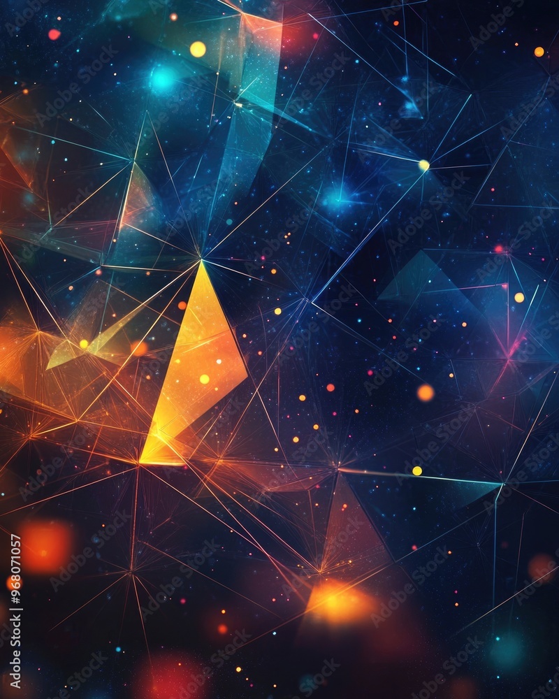 Poster vibrant 2d cartoon illustration of a mesh map featuring abstract lines triangles and glare spots on 