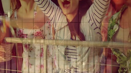 Animation of financial data processing over diverse people dancing