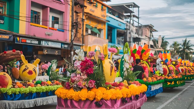 Rows of floats decorated with flowers and fruits during the Kadayawan Festival with the colorful buildings of Davao City in the background. Image by Ai