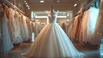 A stunning wedding dress stands prominently on a mannequin in a bridal store, surrounded by shimmering gowns on display