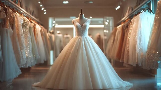 A stunning wedding dress stands prominently on a mannequin in a bridal store, surrounded by shimmering gowns on display - Powered by Adobe