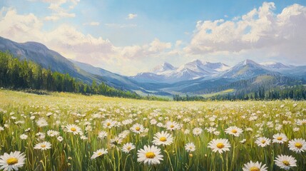 Oil painting depicting a vibrant meadow of spring camomiles set against a mountainous landscape