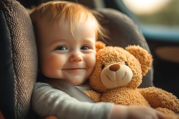 Adorable baby smiling and holding teddy bear in car seat