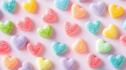 A close-up shot of colorful candy hearts scattered on a light pastel background, creating a playful and romantic atmosphere