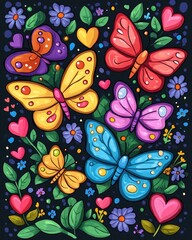Fototapeta premium Colorful butterflies surrounded by flowers and hearts in a whimsical 2D cartoon illustration