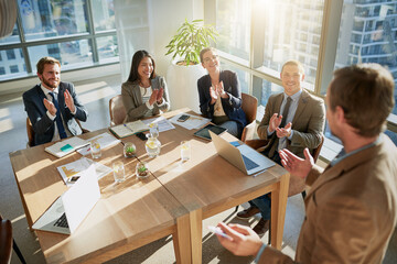 Businessman, b2b pitch and conference for presentation, training and mentor with applause or...