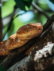 Fototapeta premium Brown snake resting on a tree branch
