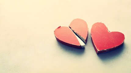 Fototapeta premium A close-up of two broken heart-shaped pieces lying on a light solid color background, with a soft shadow effect
