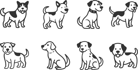 A series of cartoon dogs are sitting and standing in a row