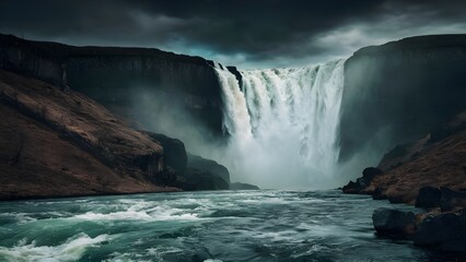 Obraz premium A Dramatic Multi-Tiered Waterfall Plunging Down a Cliffside Gorge