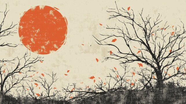 Melancholic autumn scene featuring a gray sky and barren trees