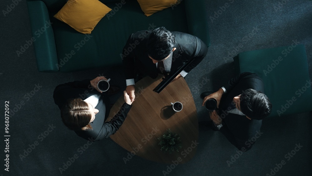 Poster top down aerial view of business people making agreement about collaborate business and shaking hand