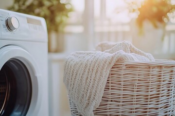 Laundry basket overflowing with clothes next to washing machine