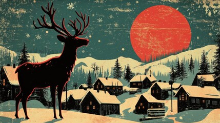 Reindeer in a Festive Village Scene