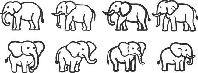 A series of black and white elephant drawings