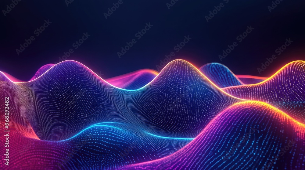 Poster line art illustration of futuristic data stream technology neon waves and 3d data visualization on a