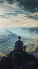 Obraz premium A man looking out over a vast landscape, representing a journey of self-discovery and the essence of being free
