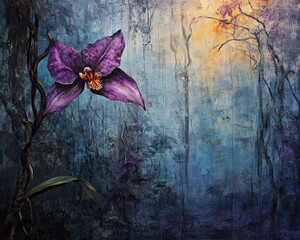 Oil painting depicting a textured forest backdrop featuring a wood orchid capturing a moody and artistic atmosphere