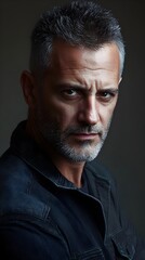 Obraz premium A mature man with a rugged look, featuring a strong jawline and deep-set eyes, captured in soft lighting on a plain background