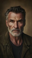 Obraz premium A mature man with a rugged look, featuring a strong jawline and deep-set eyes, captured in soft lighting on a plain background