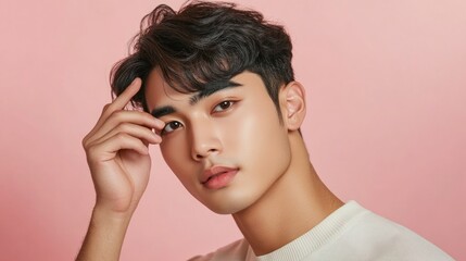 Fototapeta premium Close-up Portrait of a Young Man with Wavy Black Hair