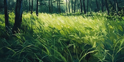 Oil painting of vibrant green grass in a forest during early spring featuring a close up view with a retro tone and natural ambiance