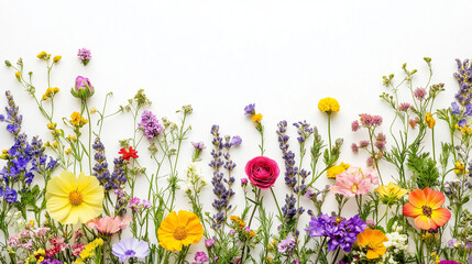 Colorful wildflowers on a white background, top view. Colorful floral border frame with various spring and summer flowers.