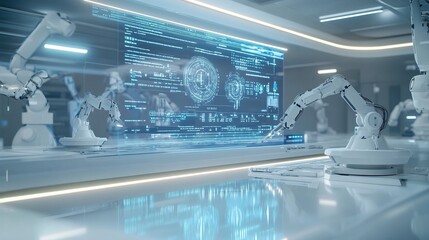 Futuristic Lab with Robotic Arms and Digital Display, Generative AI