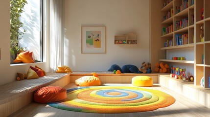colorful kids playroom, vibrant primary colors bring life to a clean and spacious childrens play area, encouraging creativity and diverse play experiences