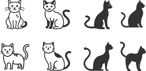A set of cat silhouettes are shown in various poses, including sitting