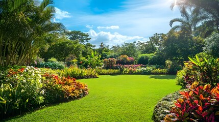 Obraz premium A serene view of a botanical garden featuring diverse plant species, lush greenery, and colorful flowers under bright sunlight