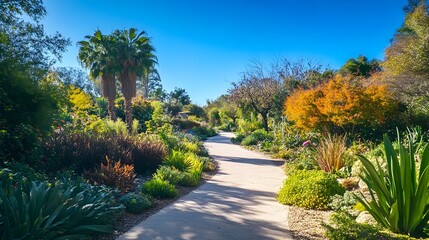 Fototapeta premium A tranquil pathway winding through a botanical garden, bordered by vibrant plants and trees, with a clear blue sky above