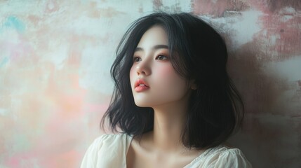 Obraz premium Young Woman with Dark Hair and Soft Makeup Looking Away