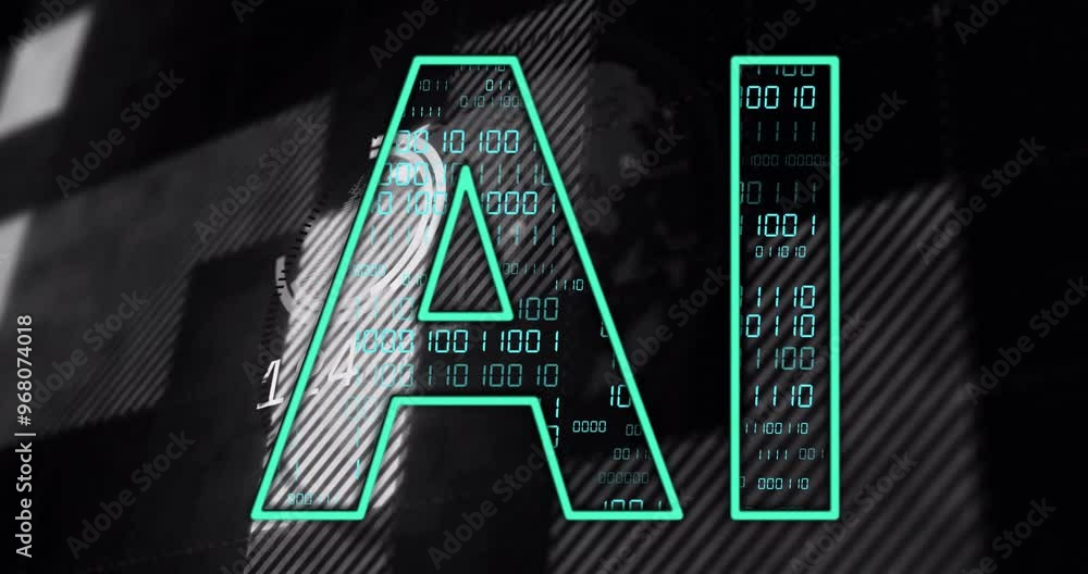 Poster animation of ai text with data processing over globe on black background